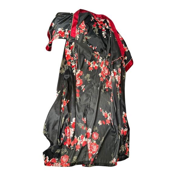 Jones New York Floral Satin Kimono Robe Black Red L/XL Belted Long Sleeve Silky - Picture 12 of 16